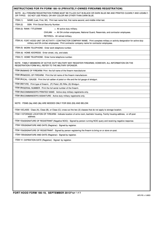 Fh Form 190-19 - Privately-Owned Firearms Registration Printable pdf