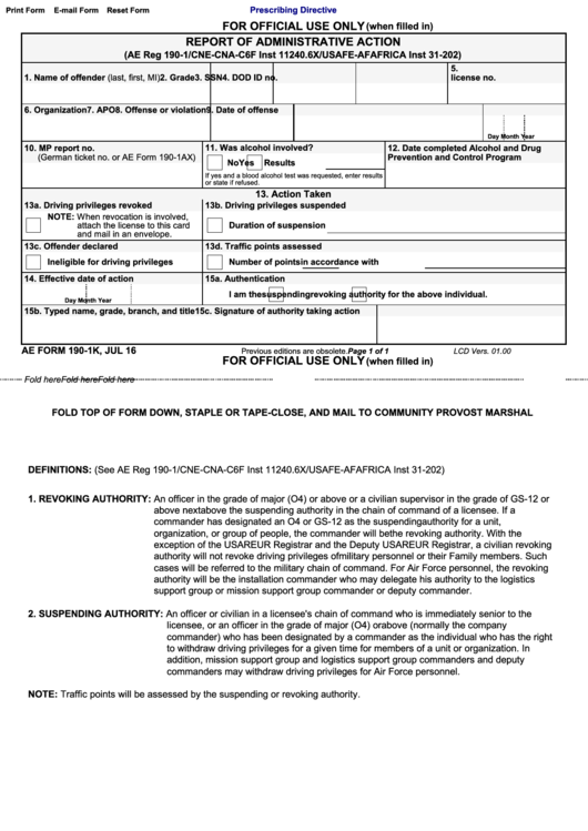 Ae Form 190-1k - Report Of Administrative Action