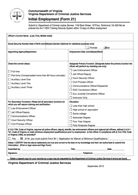 Fillable Initial Employment (Form 21) - Virginia Department Criminal Justice Services Printable pdf