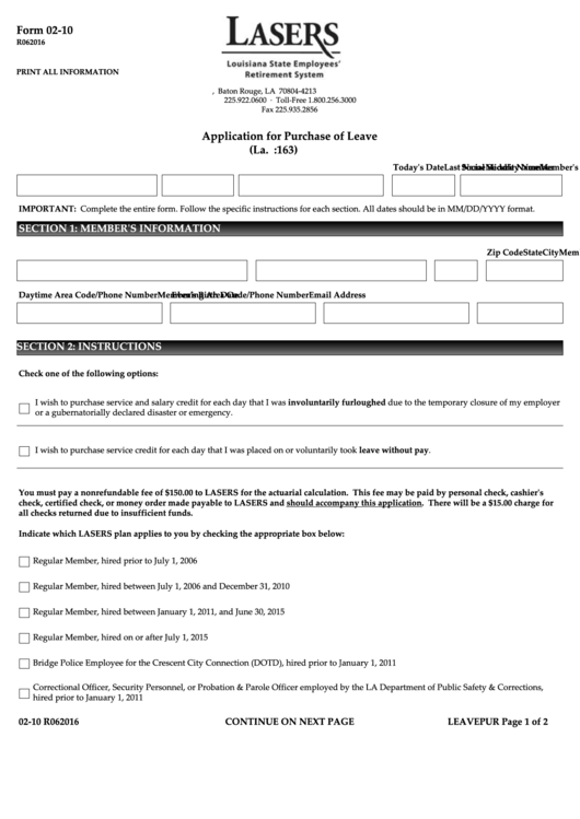 Louisiana State Employees' Retirement System - Application For Purchase Of Leave