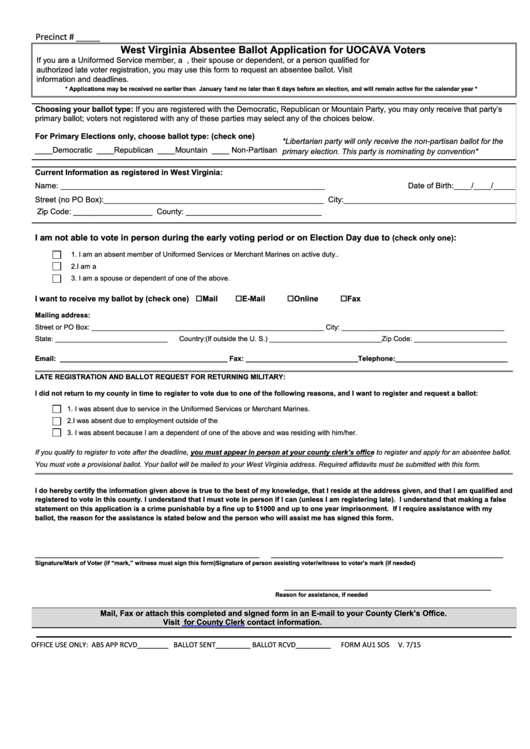 West Virginia Absentee Ballot Application For Uocava Voters - 2015 Printable pdf