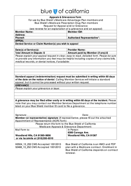 Blue Of California Appeals & Grievances Form Printable pdf