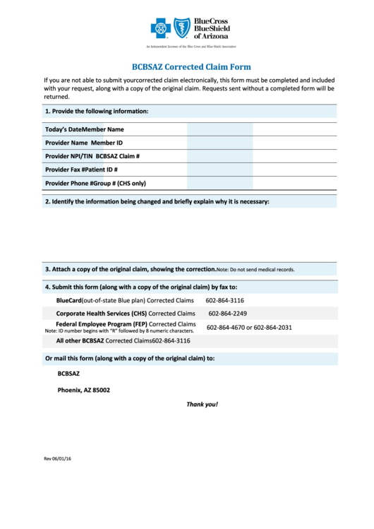 Fillable Bcbsaz Corrected Claim Form Printable pdf