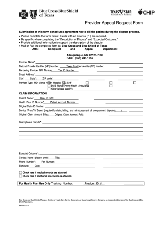 Bluecross Blueshield Of Texas Provider Appeal Request Form Printable 