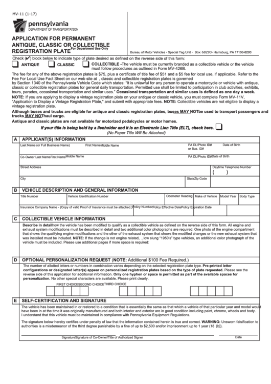 Fillable Form Mv-11 - Application For Permanent Antique, Classic Or Collectible Registration Plate - Pennsylvania Department Of Transportation Printable pdf
