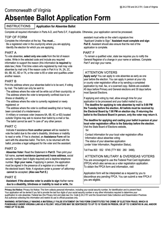 Fillable Absentee Ballot Application Form - Virginia Printable pdf