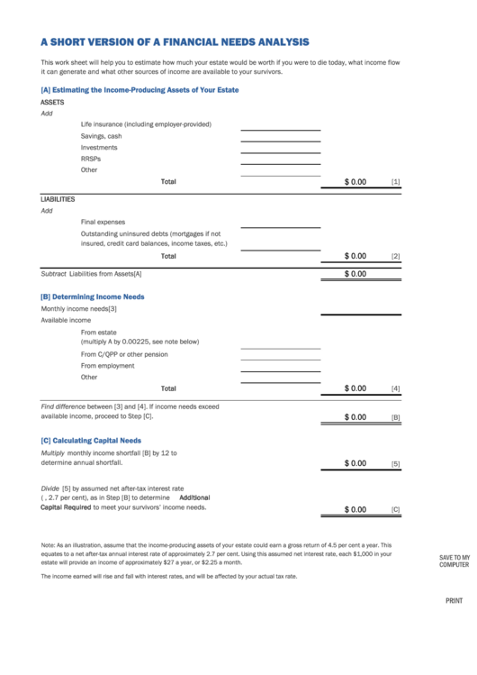 Fillable A Short Version Of A Financial Needs Analysis Printable pdf