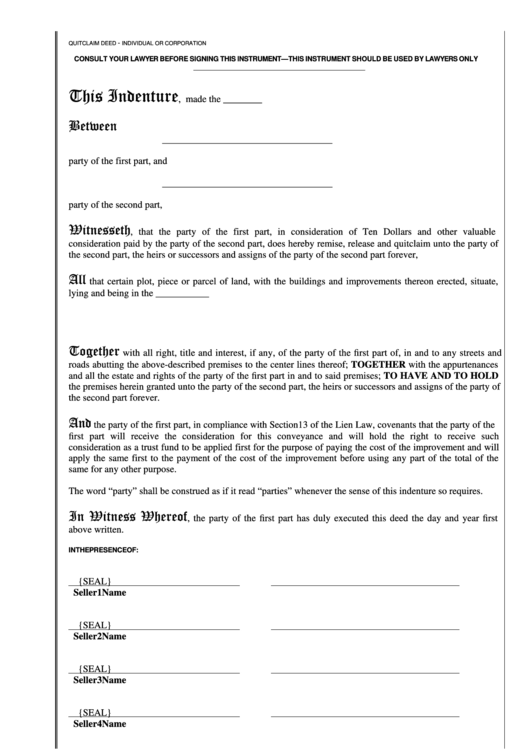 Fillable Quitclaim Deed Form - Individual Or Corporation - New York Printable pdf