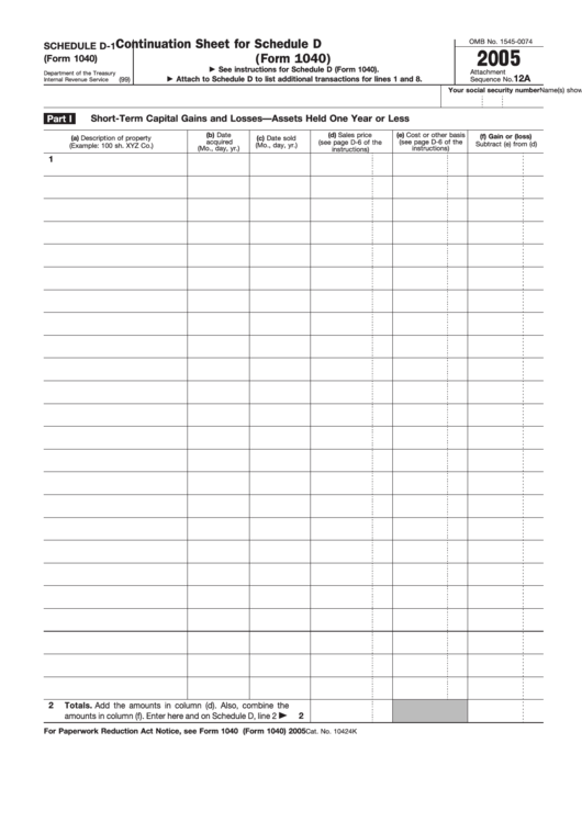 Fillable Schedule D-1 (Form 1040) - Continuation Sheet For Schedule D - 2005 Printable pdf