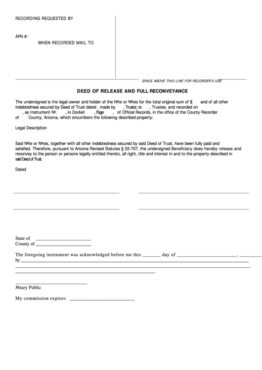 Deed Of Release And Full Reconveyance Printable pdf
