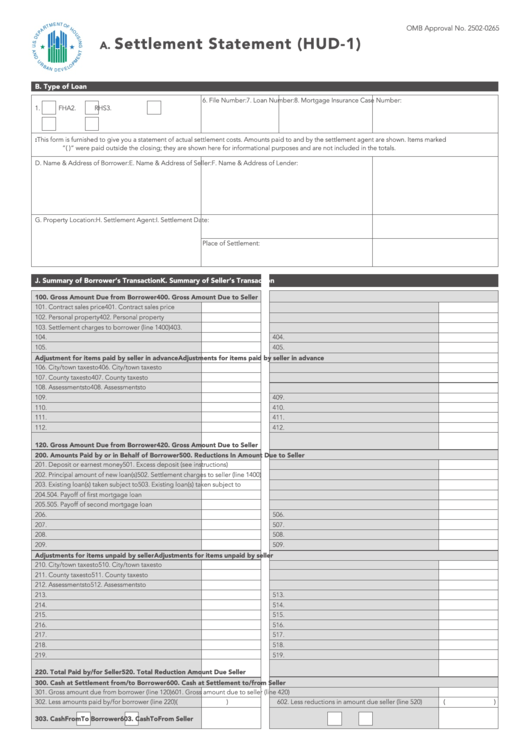 Form Hud 1 Settlement Statement Printable Pdf Download