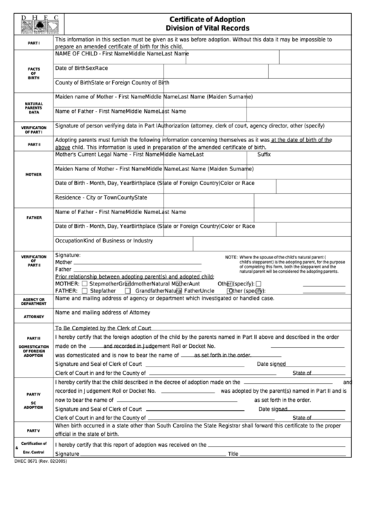 Certificate Of Adoption Division Of Vital Records Printable pdf