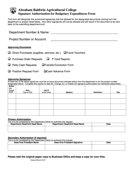 Fillable Signature Authorization For Budgetary Expenditures Form Printable pdf