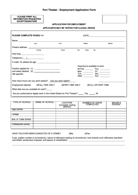 Port Theater - Employment Application Form Printable pdf