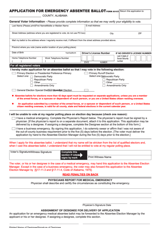 Form Av-E1 - Application For Emergency Absentee Ballot - Alabama Printable pdf