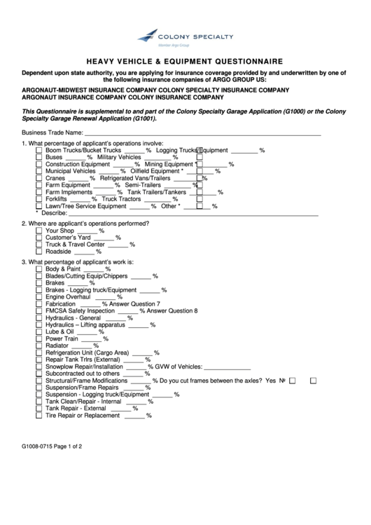 Fillable Heavy Vehicle & Equipment Questionnaire Template printable pdf