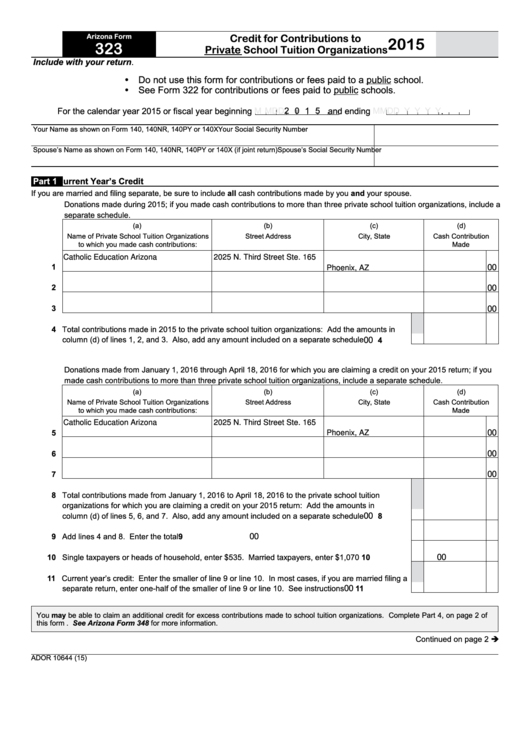 Fillable Arizona Form 323 - Credit For Contributions To Private School Tuition Organizations 2015 Printable pdf
