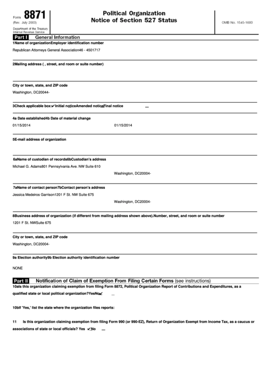 Form 8871 - Political Organization Notice Of Selection 527 Status Printable pdf