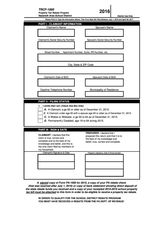Trcf-1000 Property Tax Rebate Program (Nazareth Area School District) - 2016 Printable pdf