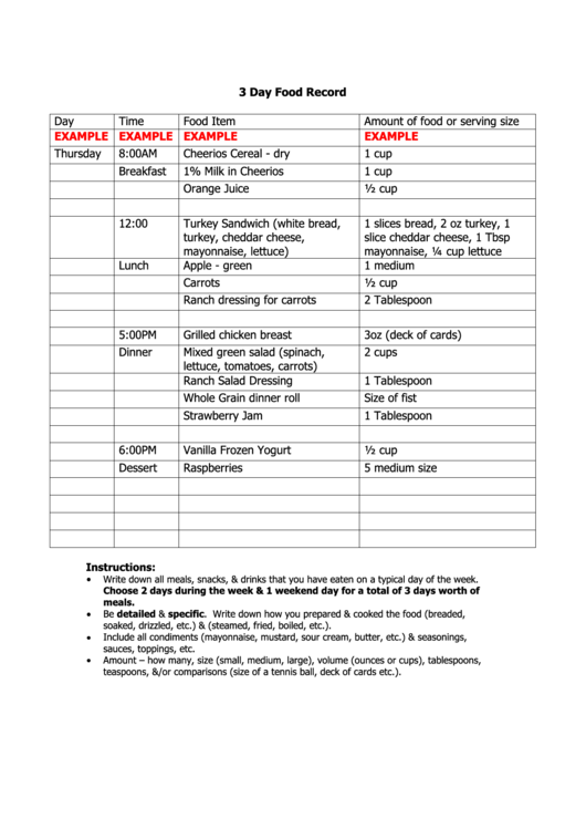 3 Day Food Record Printable Pdf Download