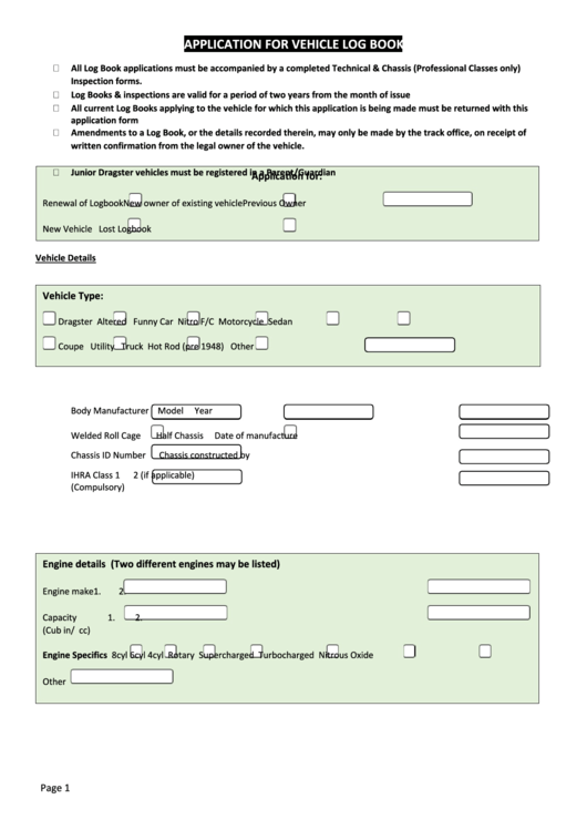 Application For Vehicle Log Book Printable pdf