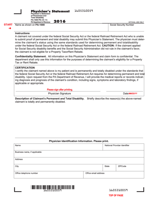 Form Pa-1000 Ps - Physician's Statement - 2016