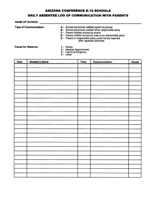 Arizona Conference K-10 Schools Daily Absentee Log Of Communication With Parents Printable pdf