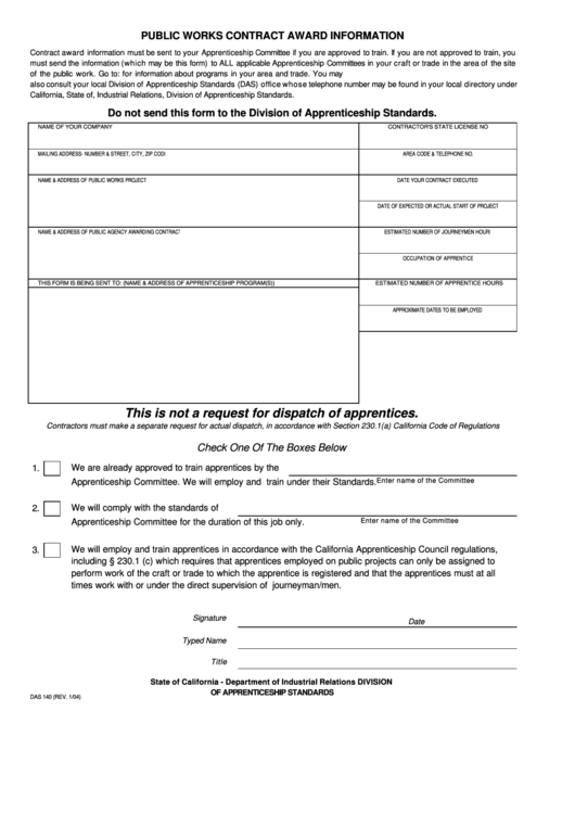 Fillable Das 140 - Public Works Contract Award Information Printable pdf