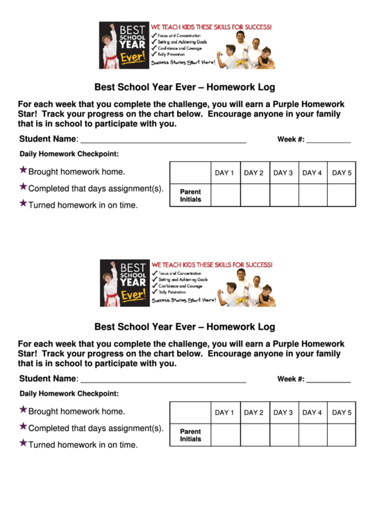 Best School Year Ever - Homework Log Template (Sample) Printable pdf