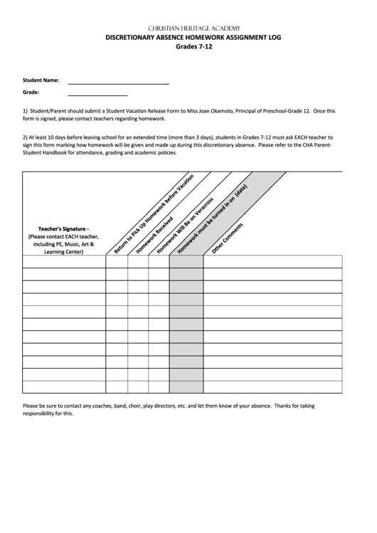 Discretionary Absence Homework Assignment Log - Grades 7-12 Printable pdf
