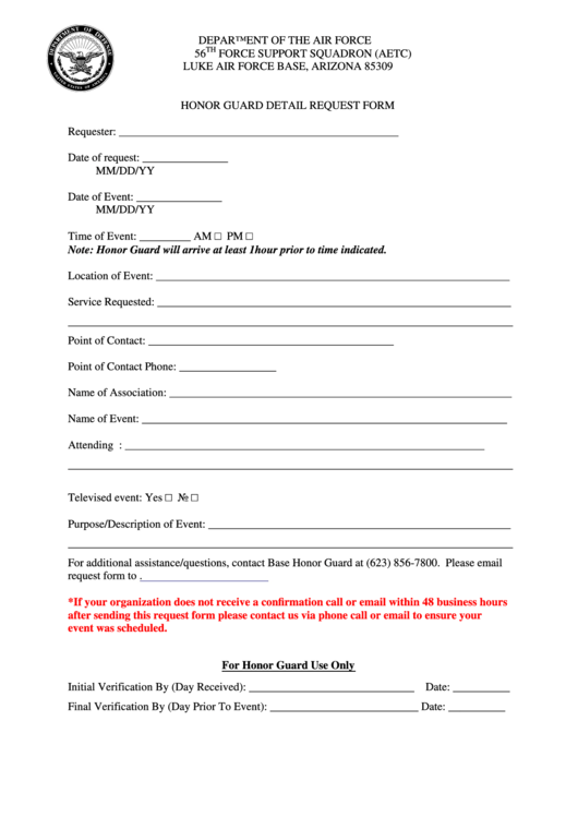 Fillable Honor Guard Detail Request Form Printable pdf