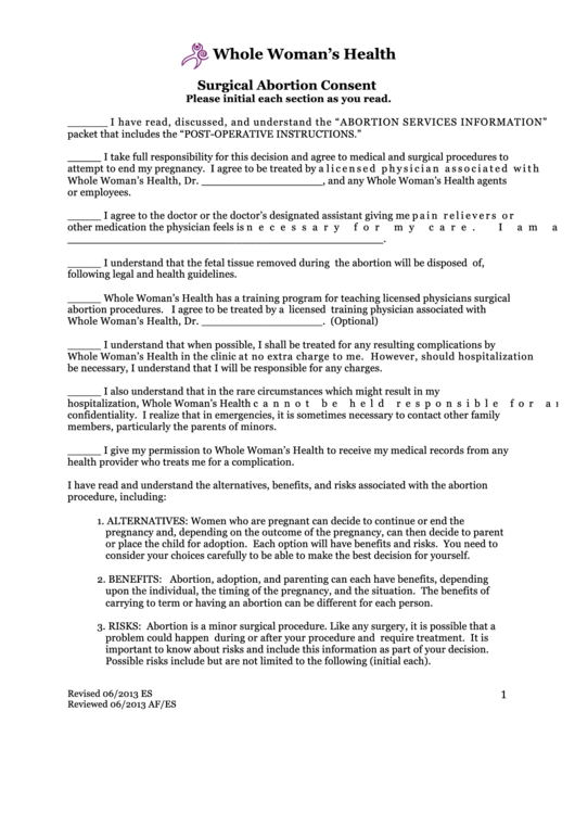 Surgical Abortion Consent Printable pdf