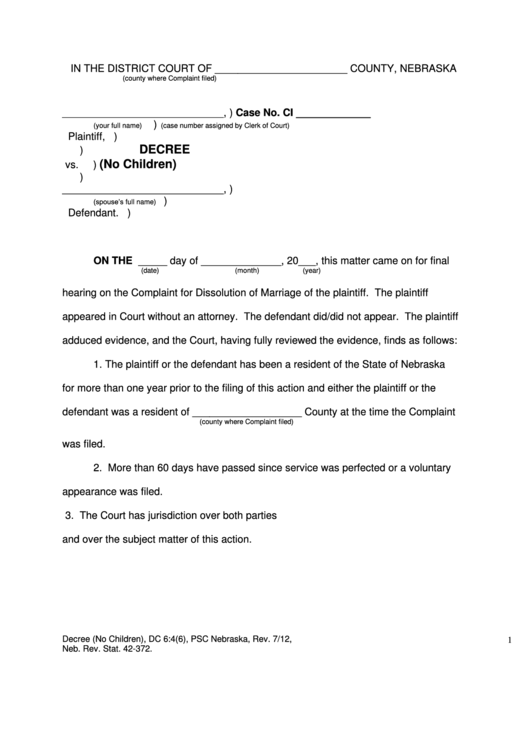 Decree (No Children) - District Court, Nebraska Printable pdf