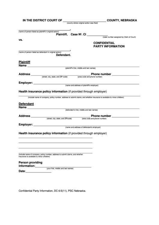 Fillable Confidential Party Information Template - District Court, Nebraska Printable pdf