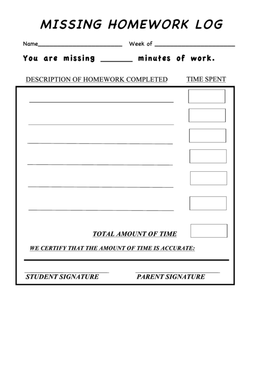 Missing Homework Log Template Printable pdf