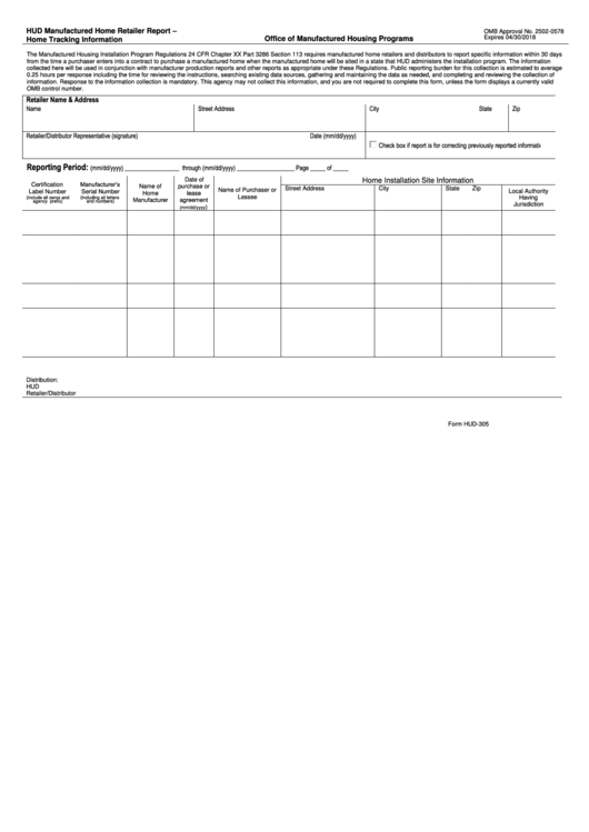 Fillable Form Hud-305 - Hud Manufactured Home Retailer Report - Home Tracking Information Printable pdf