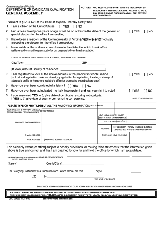 Form Sbe-501(6) - Certificate Of Candidate Qualification - General Assembly Printable pdf