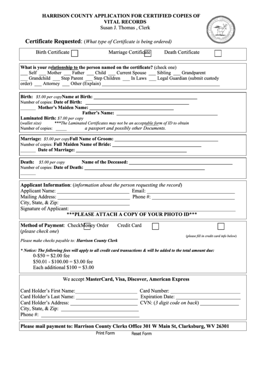 Fillable Harrison County Application For Certified Copies Of Vital Records Printable pdf