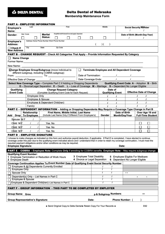 Form E62 - Membership Maintenance Form - Delta Dental Of Nebraska Printable pdf