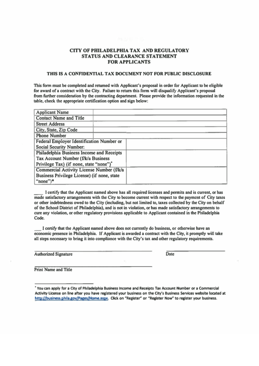 City Of Philadelphia Tax And Regulatory Status And Clearance Statement For Applicants Printable pdf