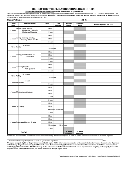 Behind The Wheel Instruction Log 30 Hours