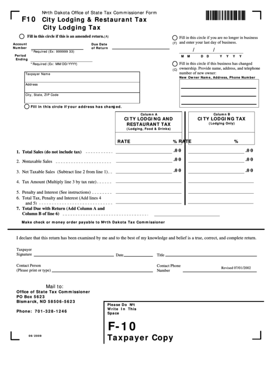 Fillable Form F10 - City Lodging & Restaurant Tax - 2009 Printable pdf