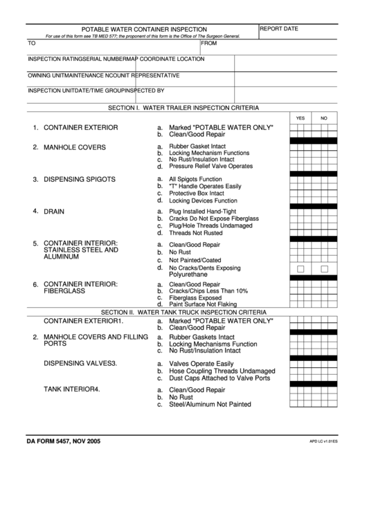 Fillable Da Form 5457 - Potable Water Container Inspection Printable pdf