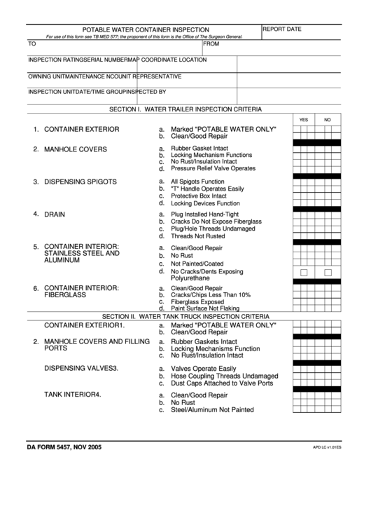 Fillable Da Form 5457 - Potable Water Container Inspection printable ...