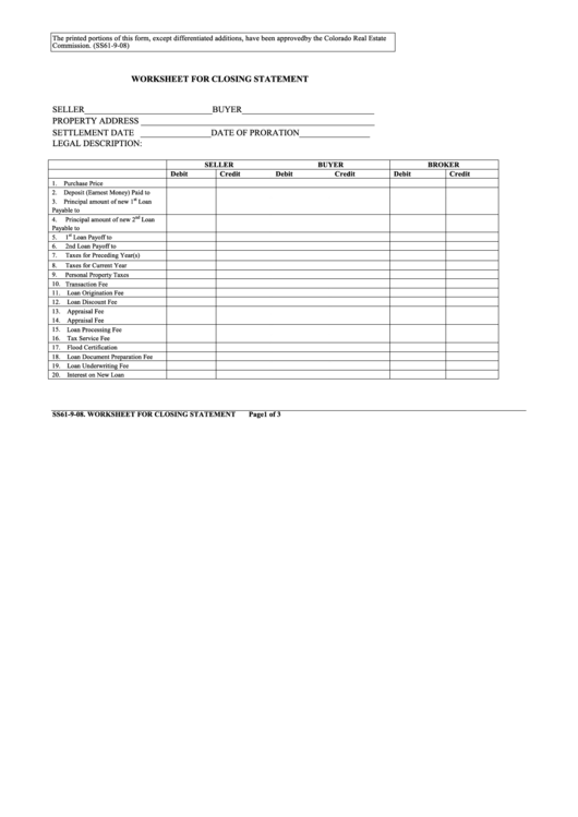 Ss61-9-08, Worksheet For Closing Statement Printable pdf