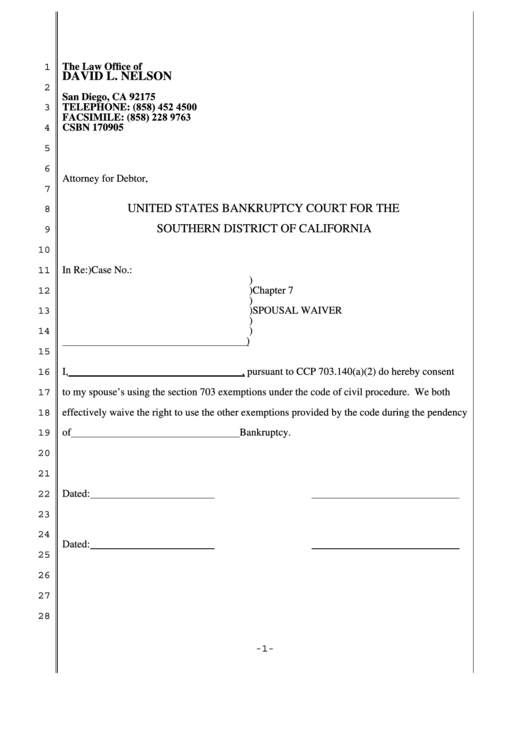 Fillable Spousal Waiver - United States Bankruptcy Court For The Southern District Of California Printable pdf