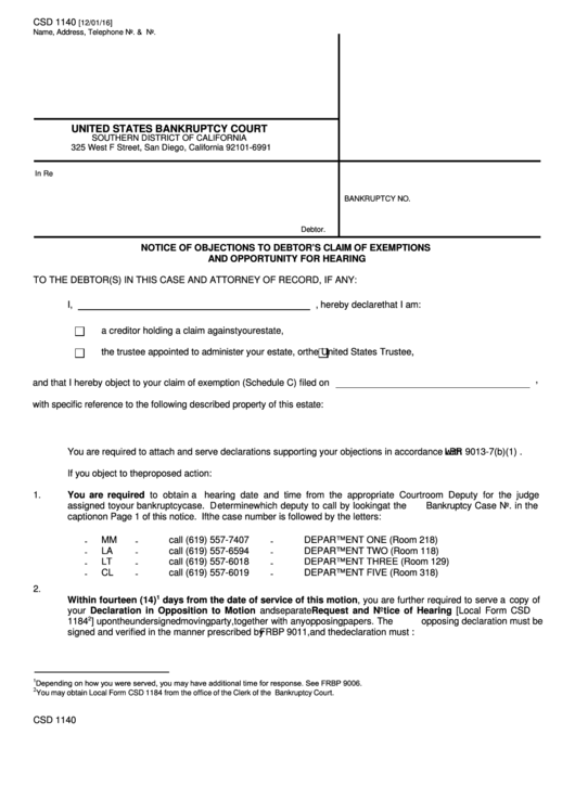 Fillable Form Csd 1140 - Notice Of Objections To Debtor