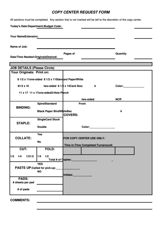 Copy Center Request Form Printable pdf