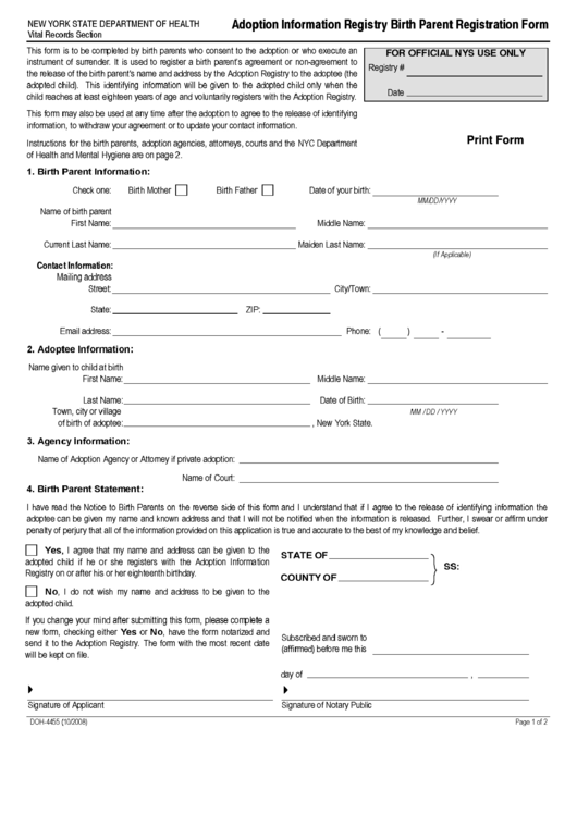 Fillable Form Doh-4455 - Adoption Information Registry Birth Parent Registration Form Printable pdf