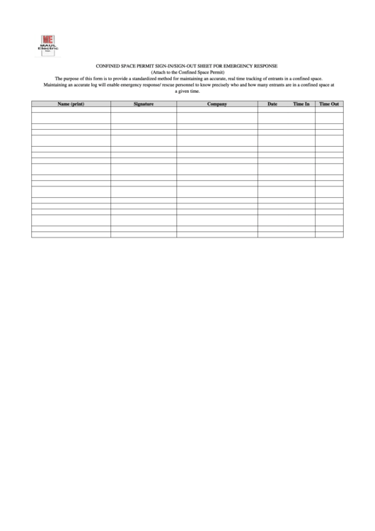 Confined Space Permit Sign-In/sign-Out Sheet For Emergency Response Printable pdf